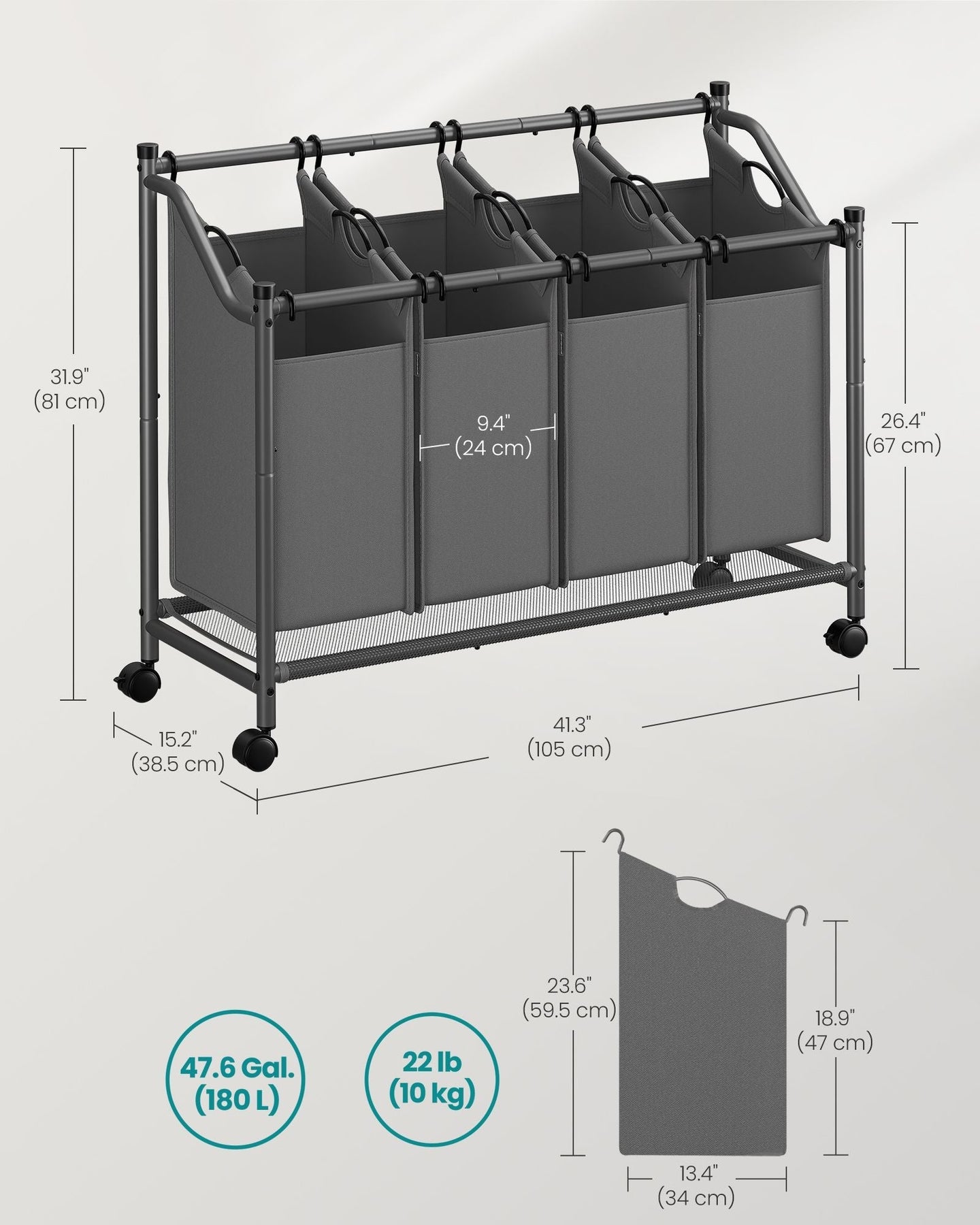 Rolling Laundry Sorter - Fabric - Slate Grey - 4 Removable Bags