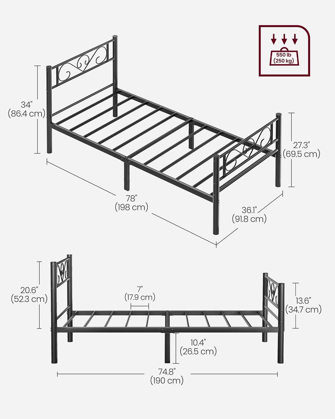 Single Metal Bed Frame - Metal - Black - No Box Spring Needed