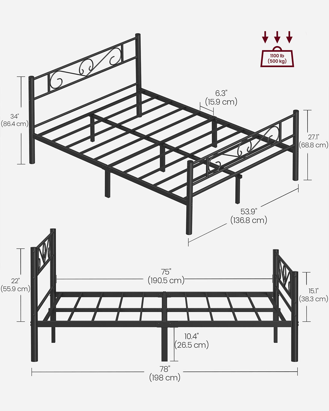 Double Bed Frame - Metal - Matte Black