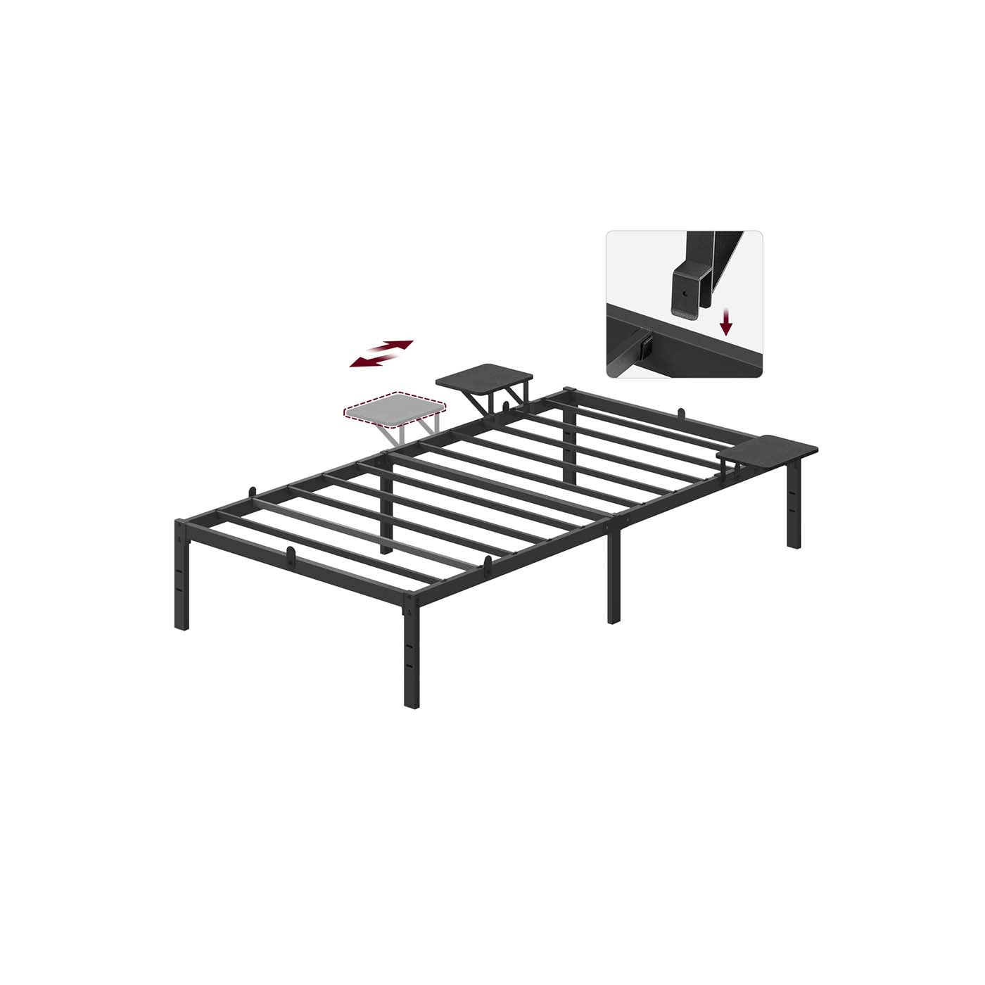 Single Bed Frame - Metal - Ink Black - Features Bedside Shelves