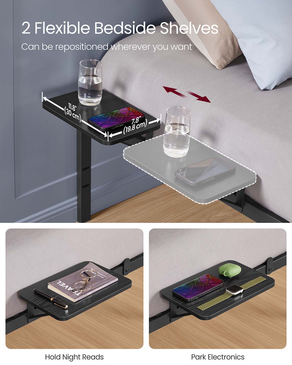 Single Bed Frame - Metal - Ink Black - Features Bedside Shelves