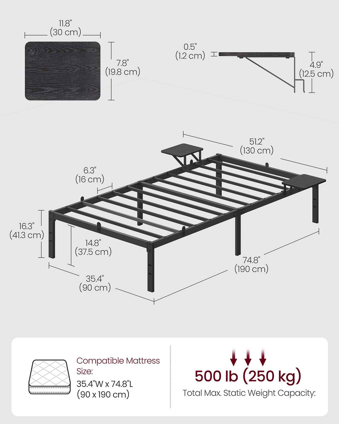 Single Bed Frame - Metal - Ink Black - Features Bedside Shelves