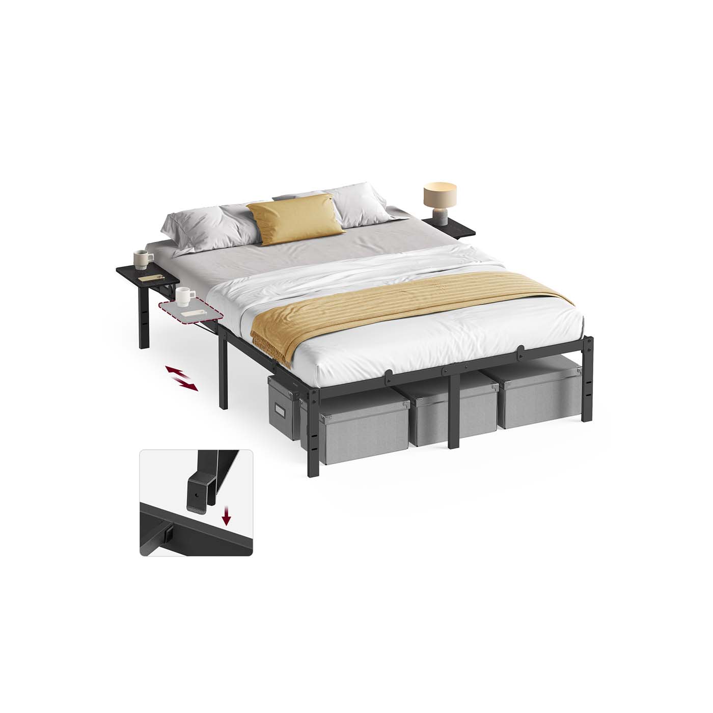 Metal Bed Frame - Matte Black - With Side Shelves