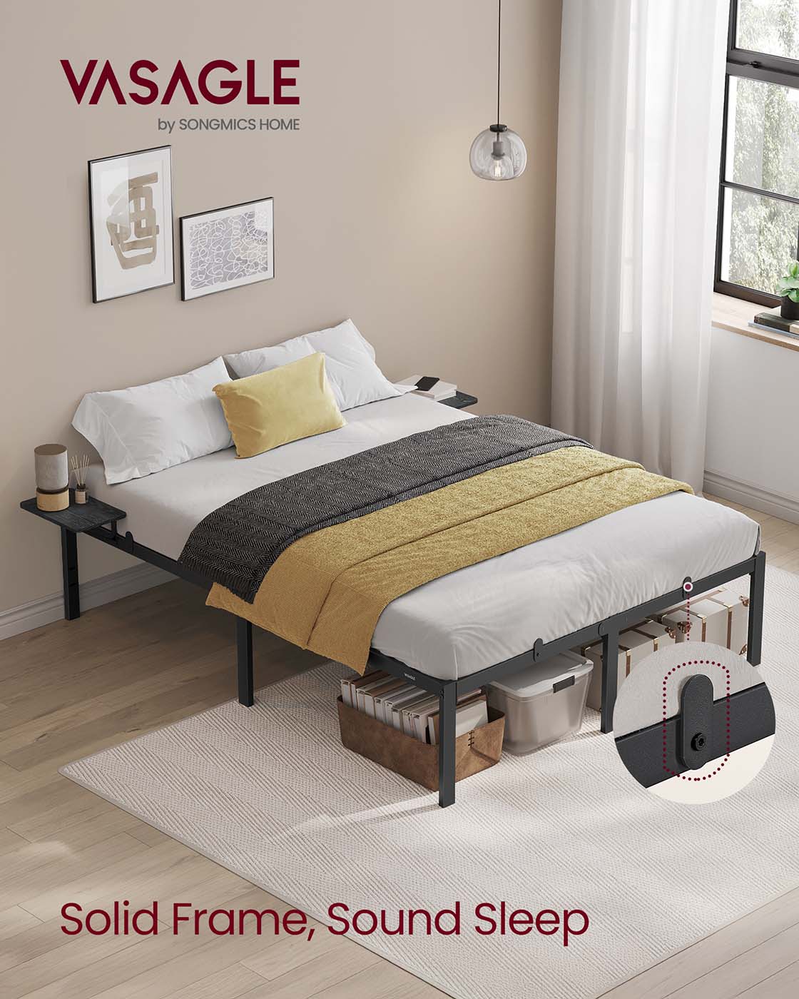 Metal Bed Frame - Matte Black - With Side Shelves