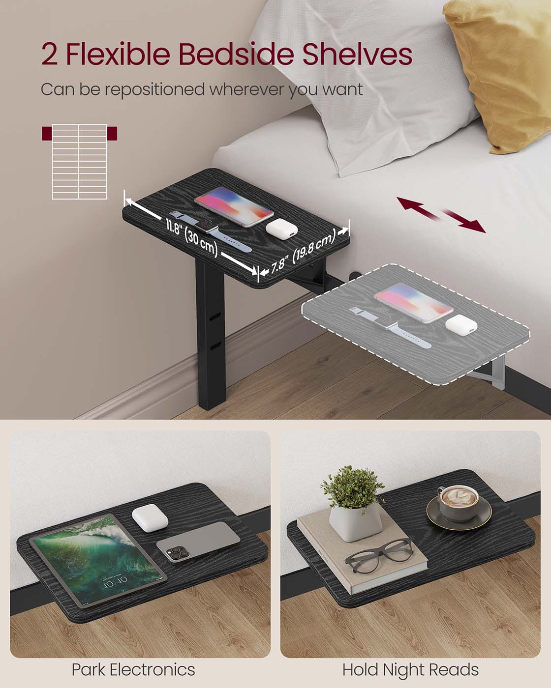 Metal Bed Frame - Matte Black - With Side Shelves