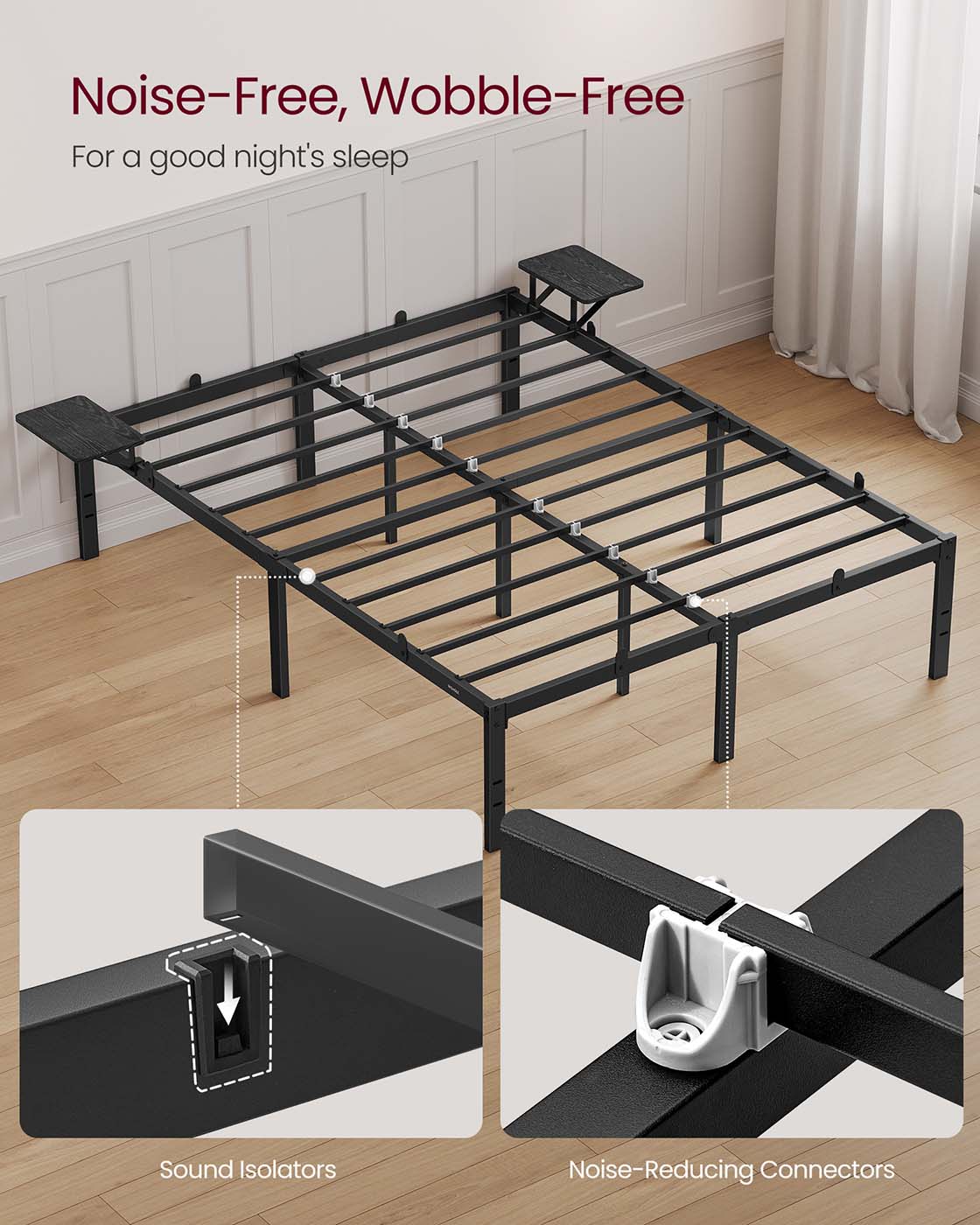Metal Bed Frame - Matte Black - With Side Shelves