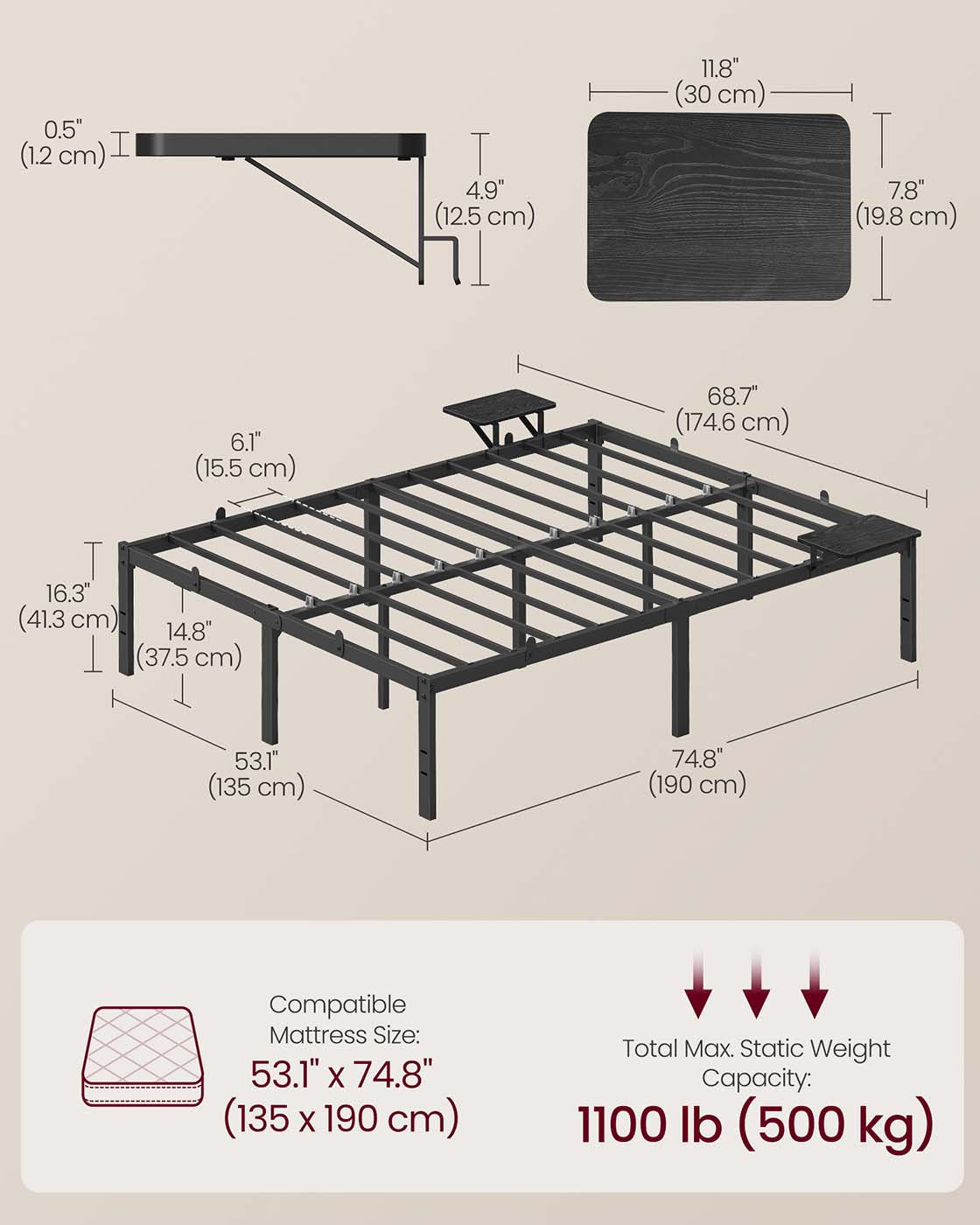 Metal Bed Frame - Matte Black - With Side Shelves