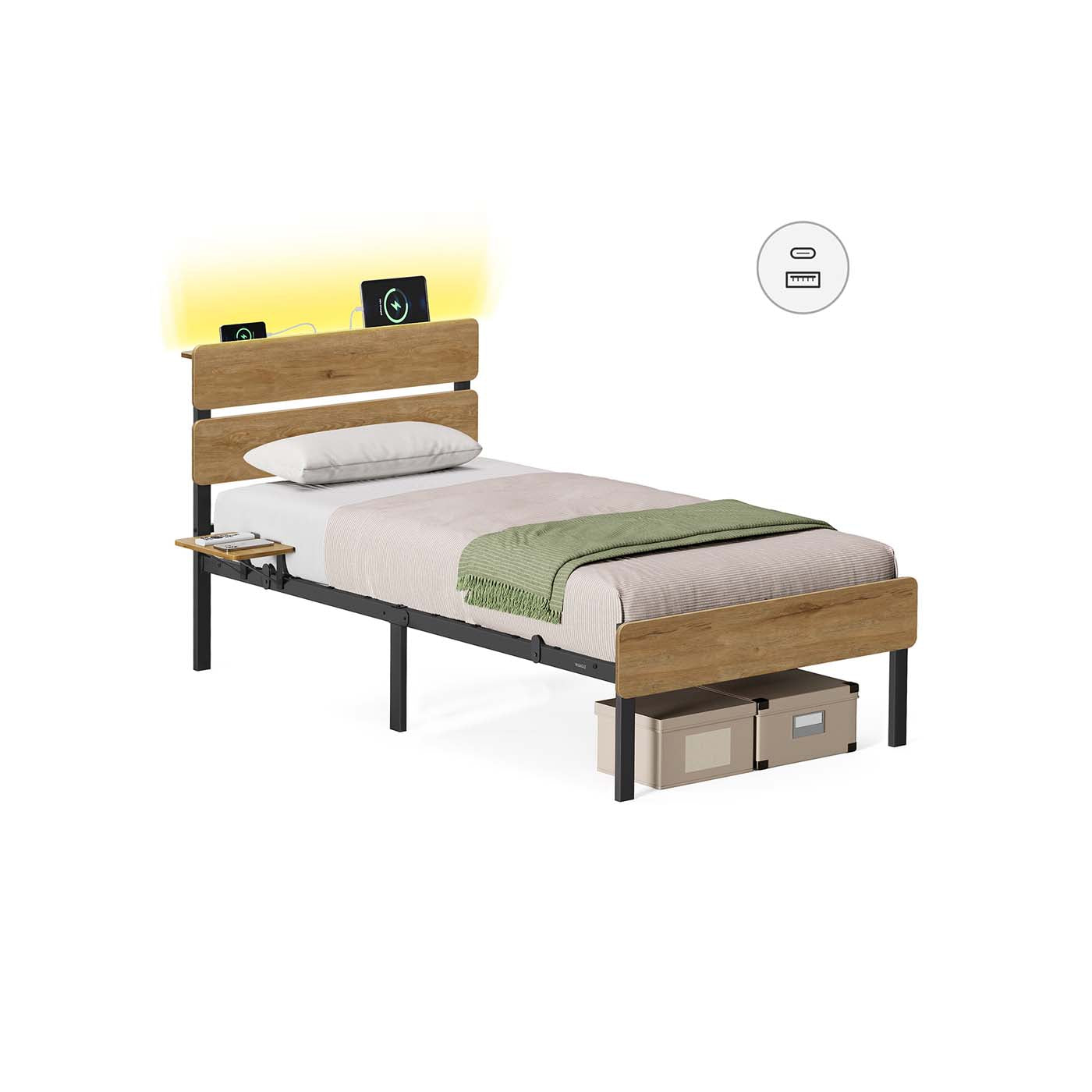 Metal Bed Frame - Steel - Natural Brown - LED Lights