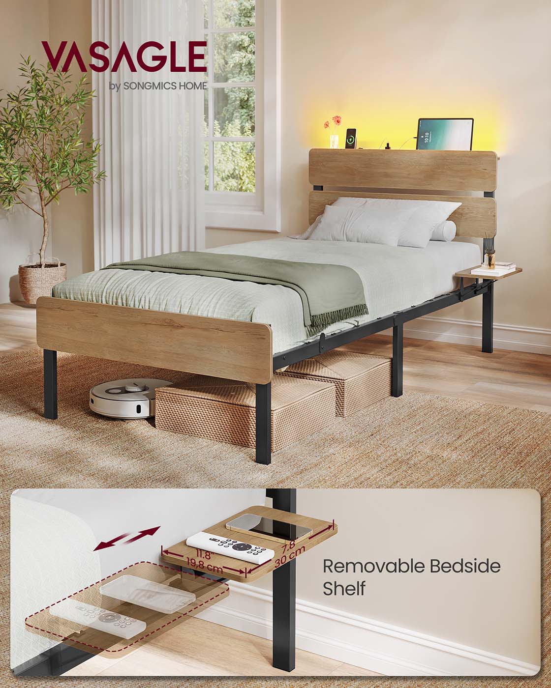 Metal Bed Frame - Steel - Natural Brown - LED Lights