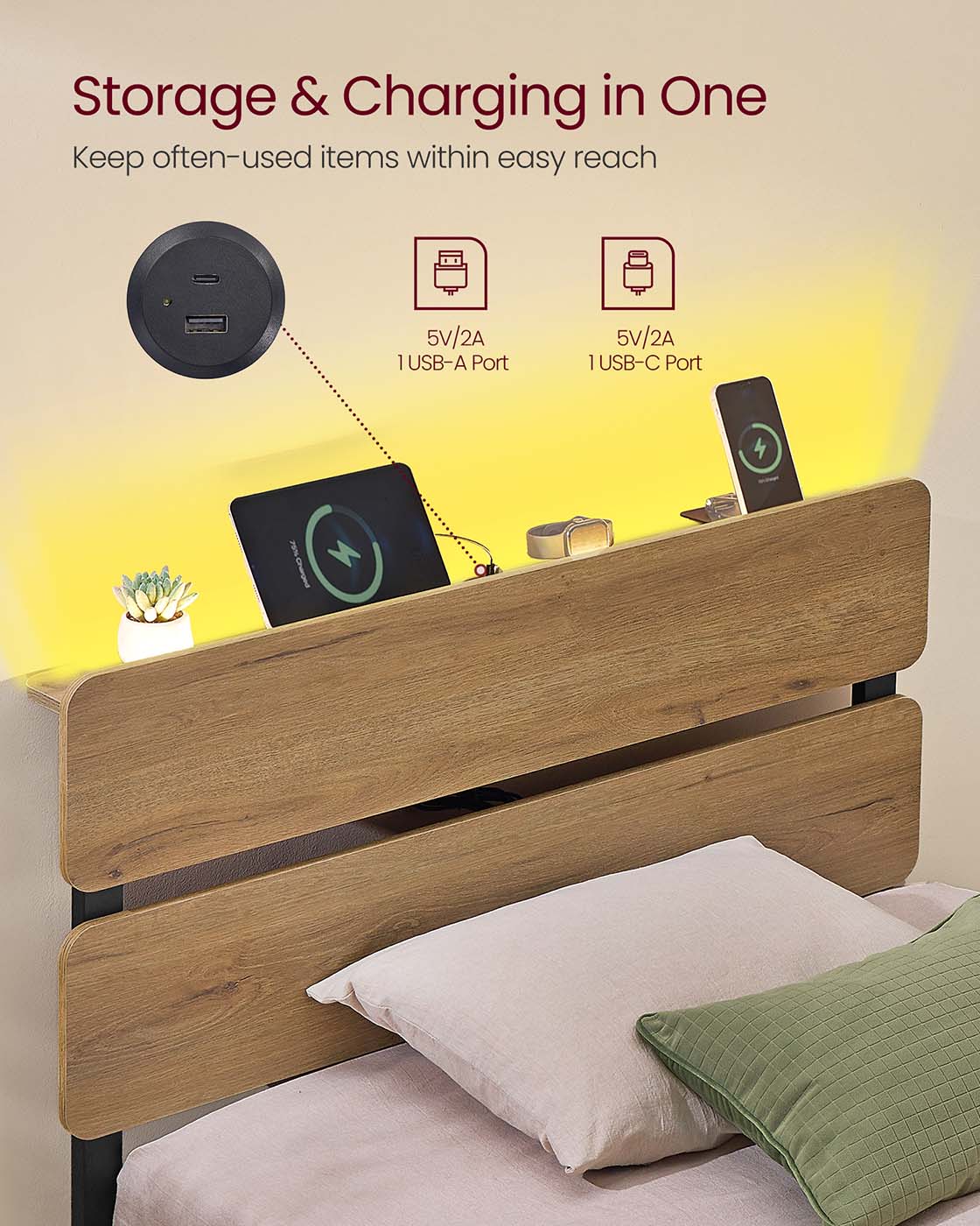 Metal Bed Frame - Steel - Natural Brown - LED Lights