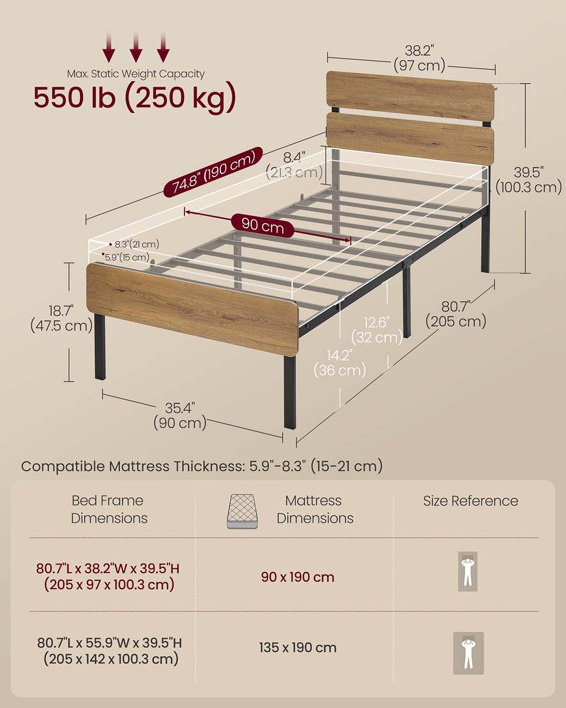 Metal Bed Frame - Steel - Natural Brown - LED Lights