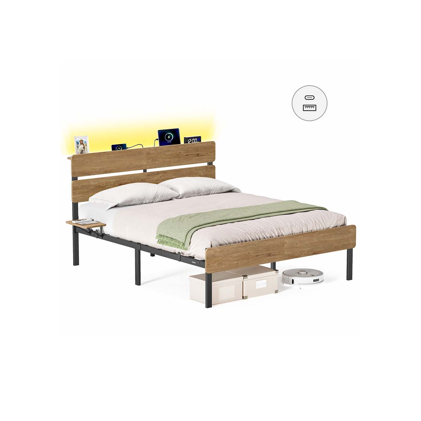 Metal Bed Frame - Metal - Natural Brown - LED Lights