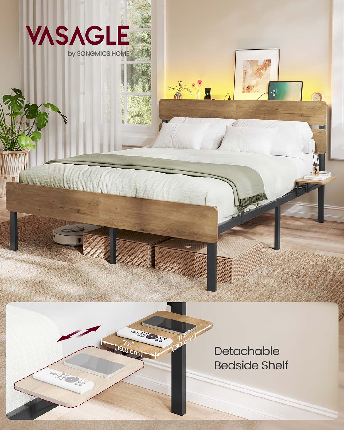 Metal Bed Frame - Metal - Natural Brown - LED Lights