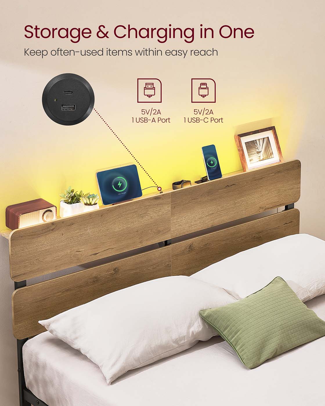 Metal Bed Frame - Metal - Natural Brown - LED Lights