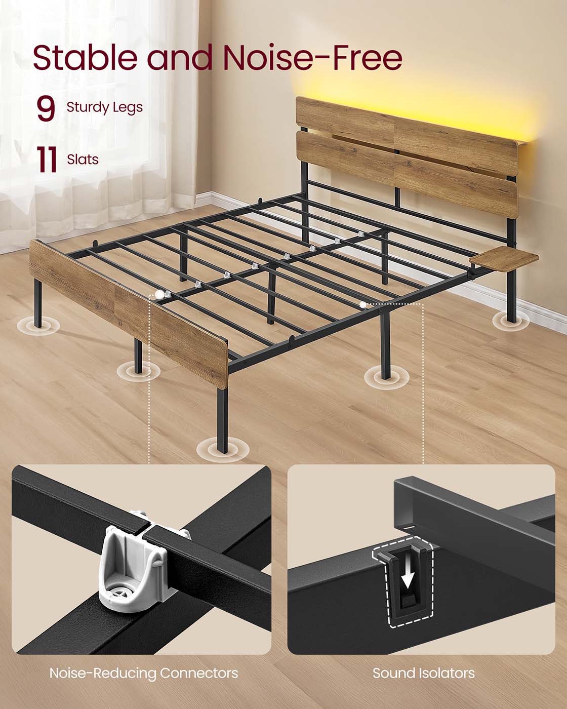 Metal Bed Frame - Metal - Natural Brown - LED Lights