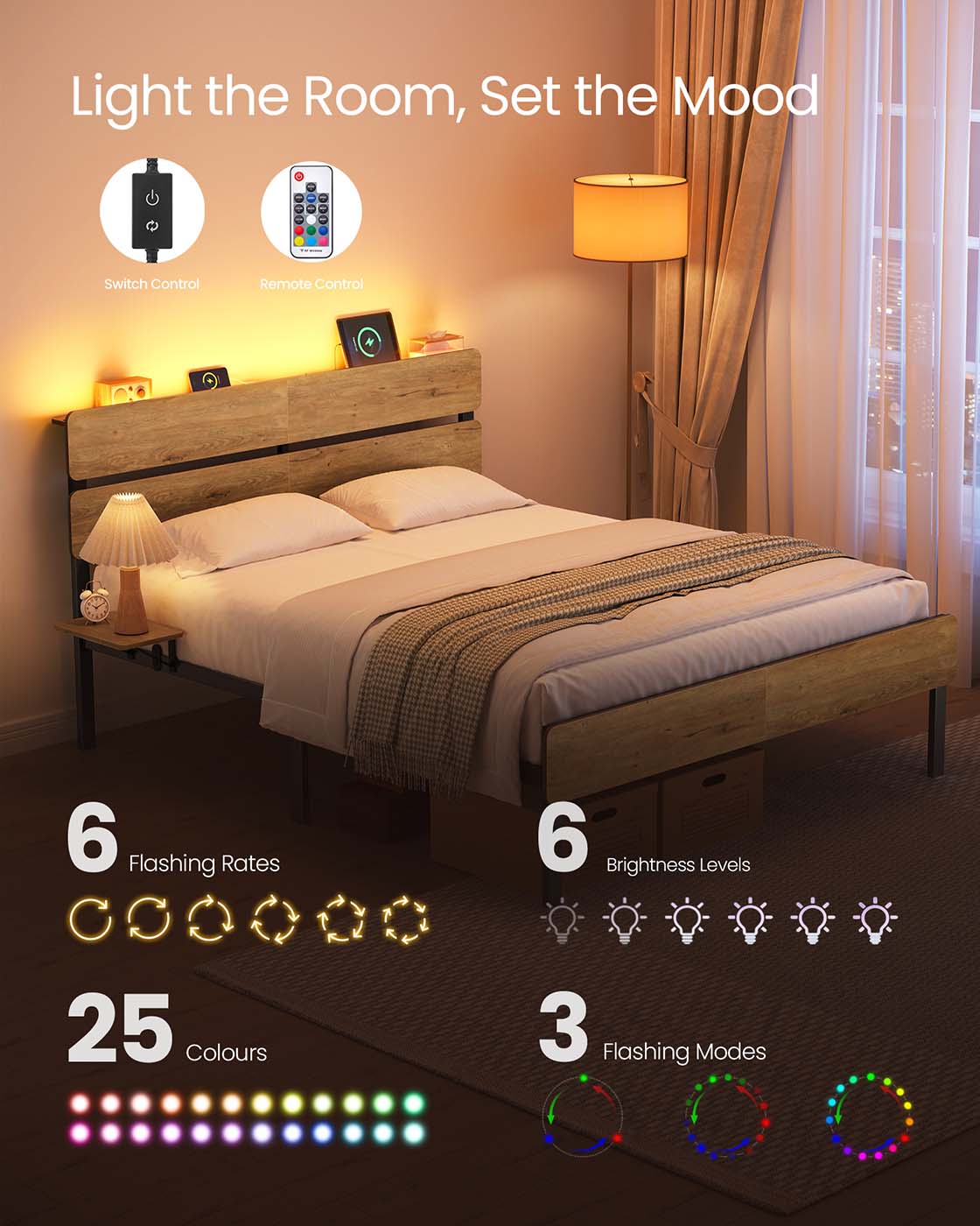 Metal Bed Frame - Metal - Natural Brown - LED Lights
