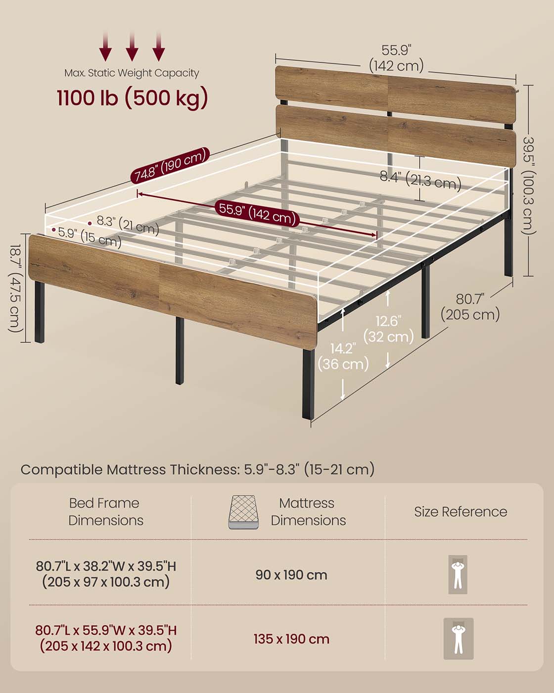 Metal Bed Frame - Metal - Natural Brown - LED Lights