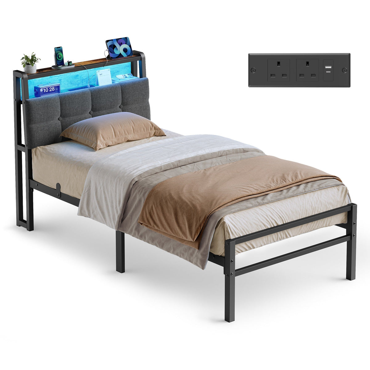 Bed Frame - Metal with LED and Charging Station - Matte Black And Rustic Brown - 208.9 x 90.5 x 104.5 cm