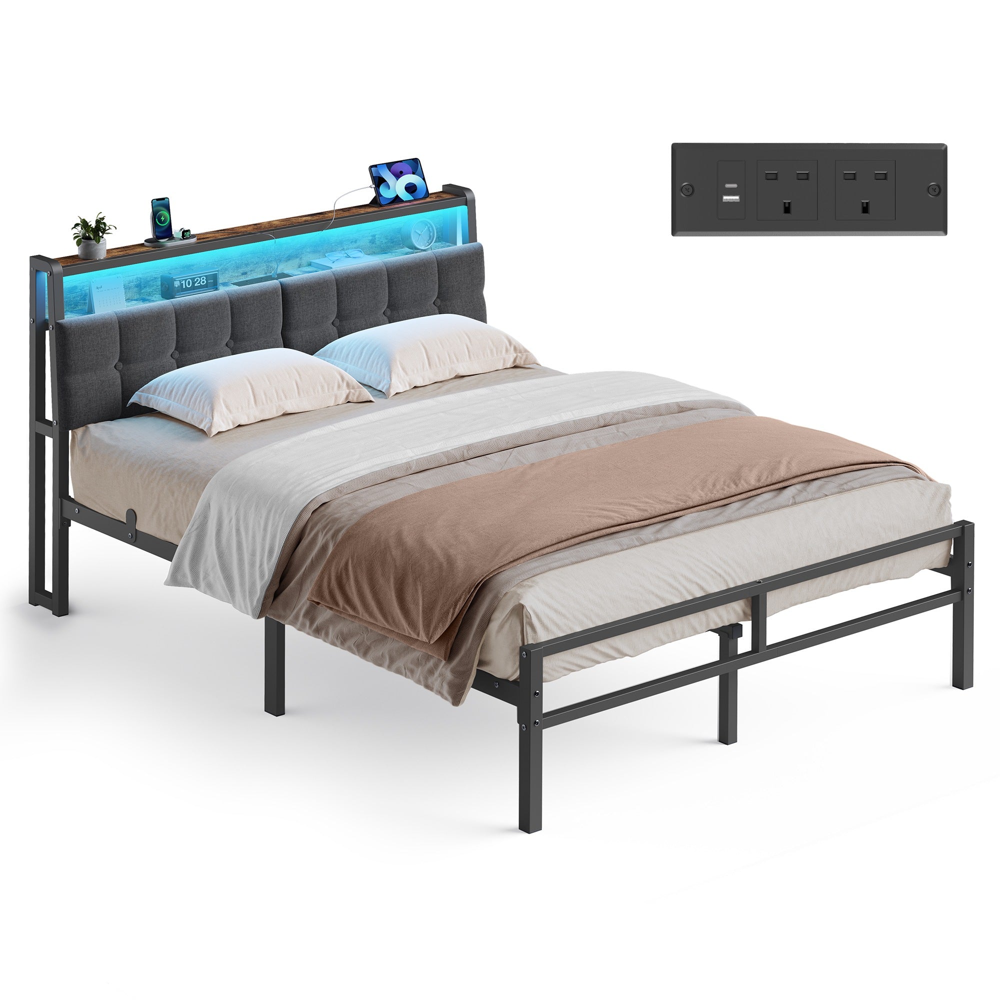 Bed Frame - Metal with LED and Charging Station - Matte Black, Rustic Brown - 208.9 x 135.5 x 104.5 cm