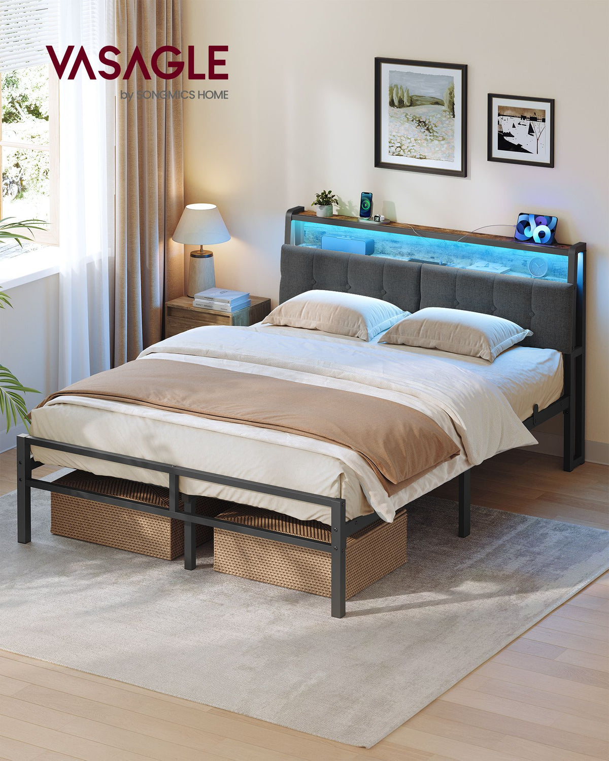 Bed Frame - Metal with LED and Charging Station - Matte Black, Rustic Brown - 208.9 x 135.5 x 104.5 cm