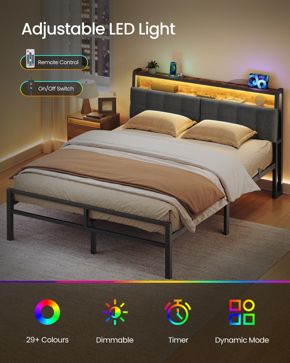 Bed Frame - Metal with LED and Charging Station - Matte Black, Rustic Brown - 208.9 x 135.5 x 104.5 cm