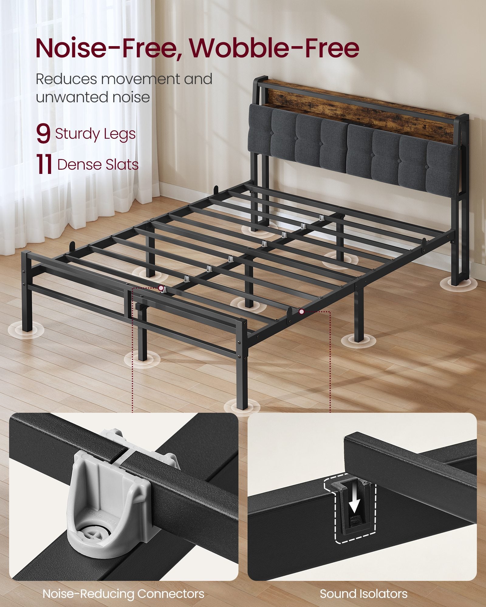 Bed Frame - Metal with LED and Charging Station - Matte Black, Rustic Brown - 208.9 x 135.5 x 104.5 cm