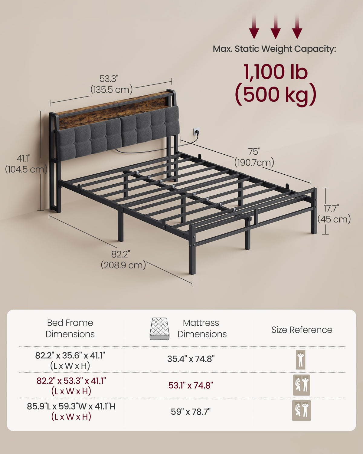 Bed Frame - Metal with LED and Charging Station - Matte Black, Rustic Brown - 208.9 x 135.5 x 104.5 cm