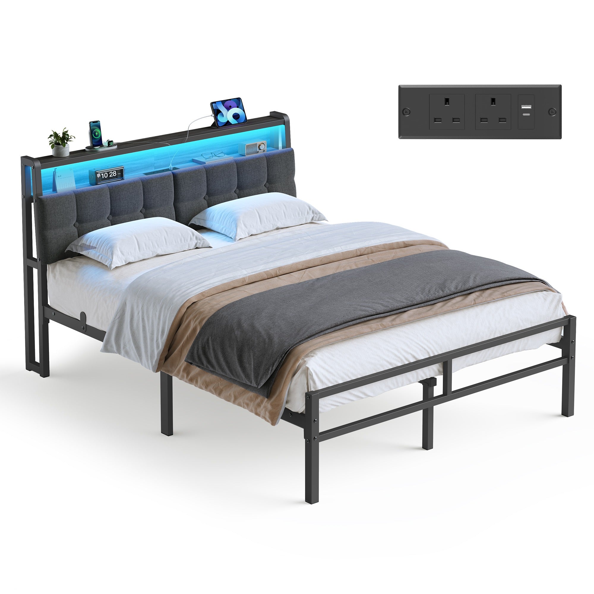 Bed Frame - Metal with LED and Charging Station - Matte Black, Smoky Black - 208.9 x 135.5 x 104.5 cm