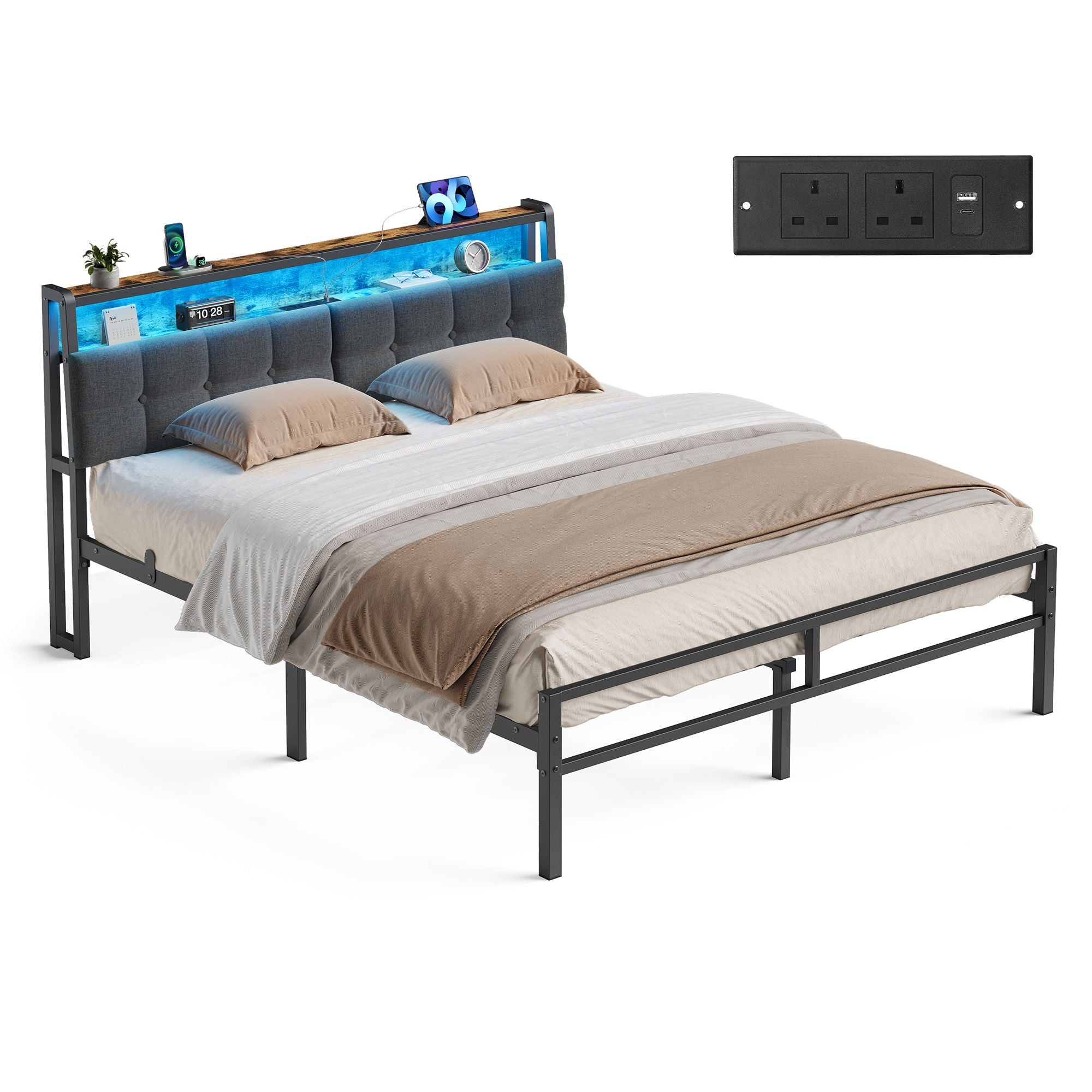 Bed Frame - Metal with LED and Charging Station - Matte Black, Rustic Brown - 218.3 x 150.5 x 104.5 cm
