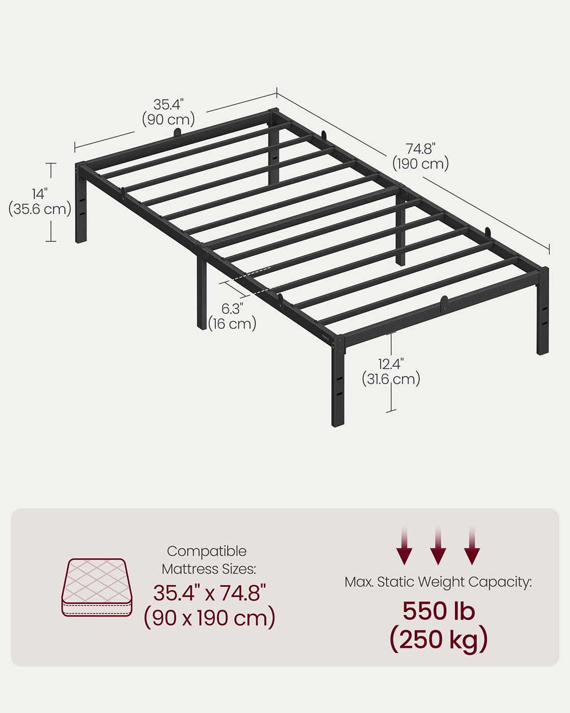 Single Metal Bed Frame - Steel - Ink Black - 90 x 190 cm