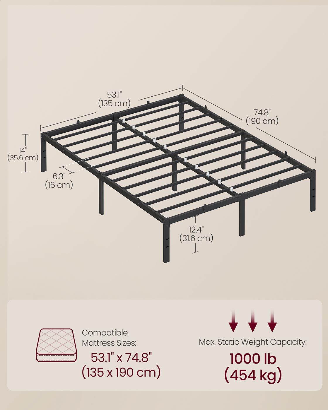 Double Metal Bed Frame - Steel - Ink Black - 135 x 190 cm