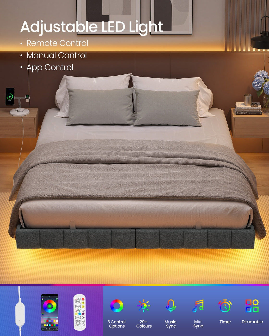 Double Floating Bed Frame - 135L - Foam - LED Lights