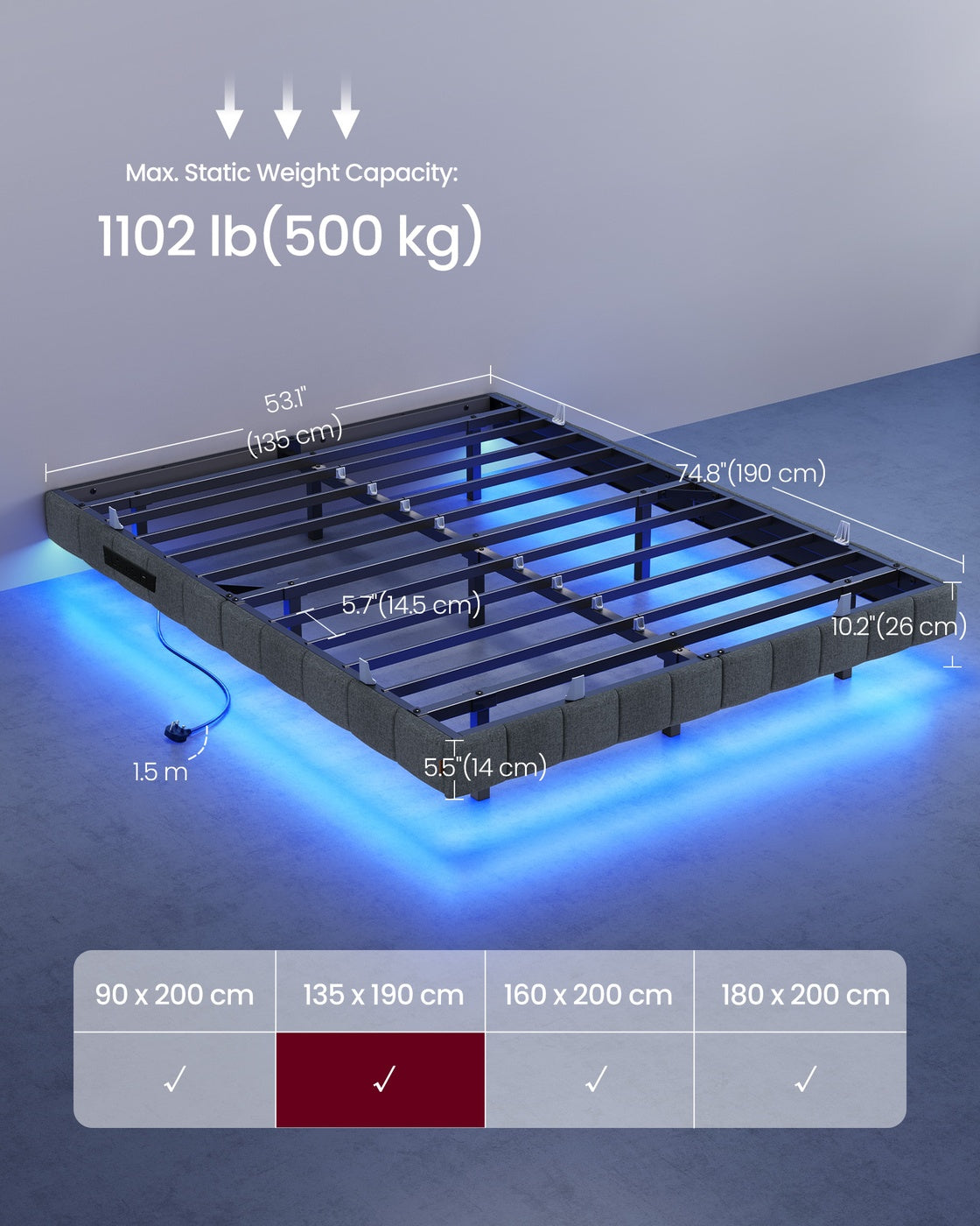 Double Floating Bed Frame - 135L - Foam - LED Lights