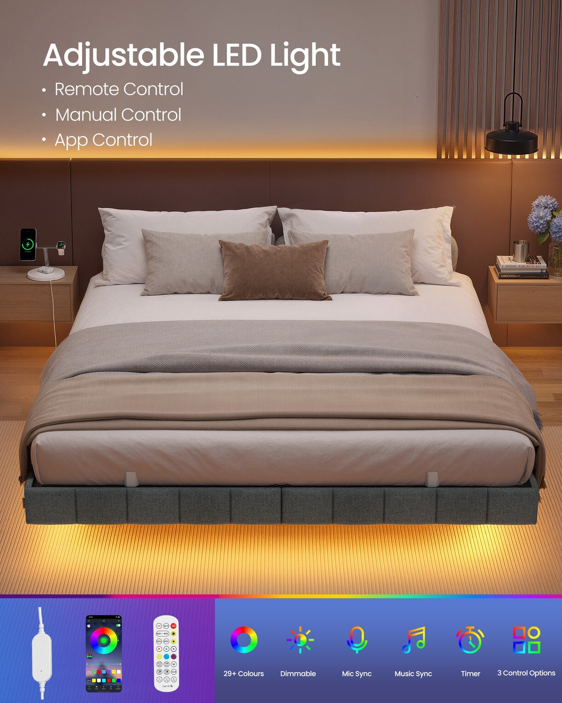 Floating Bed Frame - 150L - Foam - LED Lights