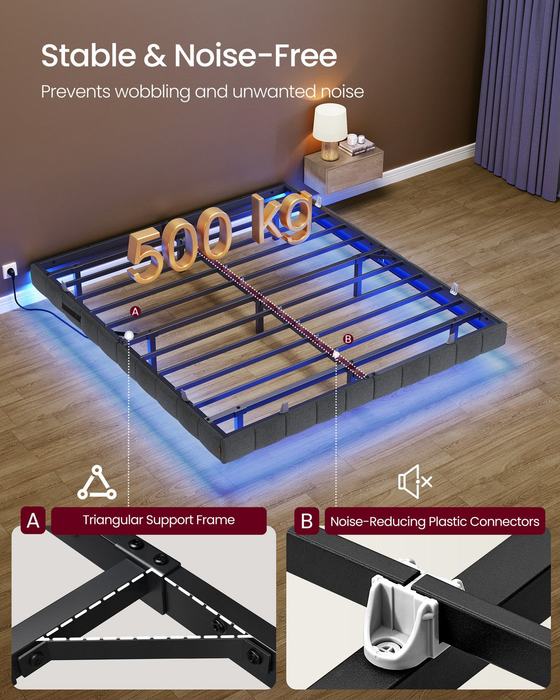 Floating Bed Frame - 150L - Foam - LED Lights