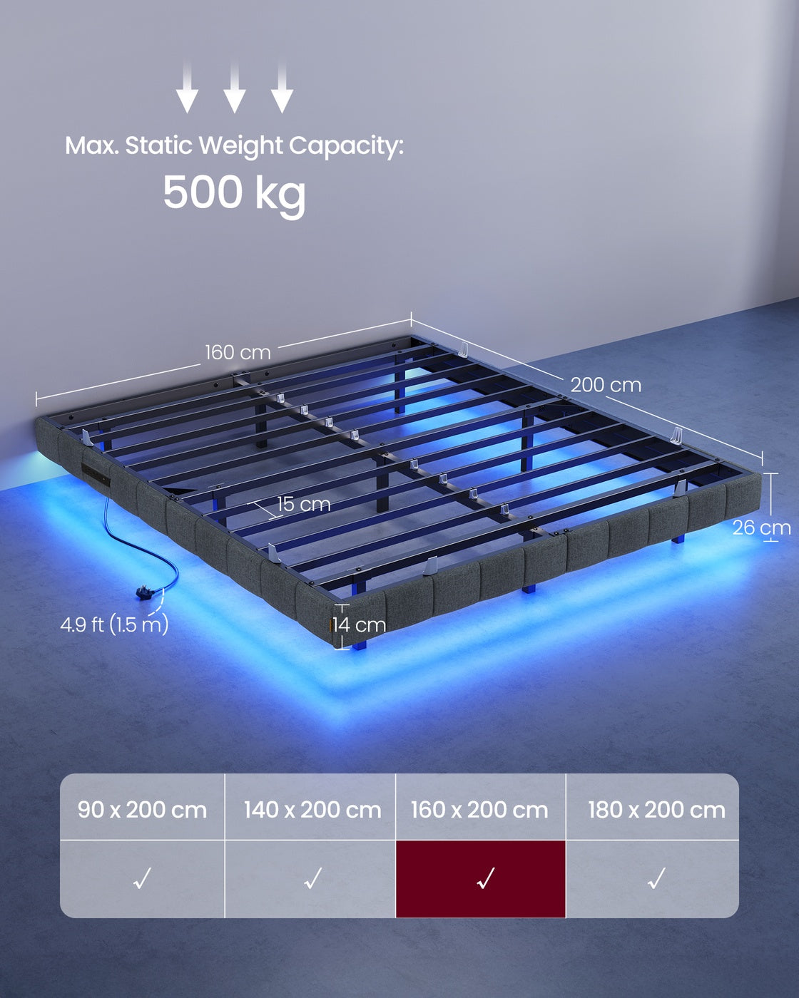 Floating Bed Frame - 150L - Foam - LED Lights