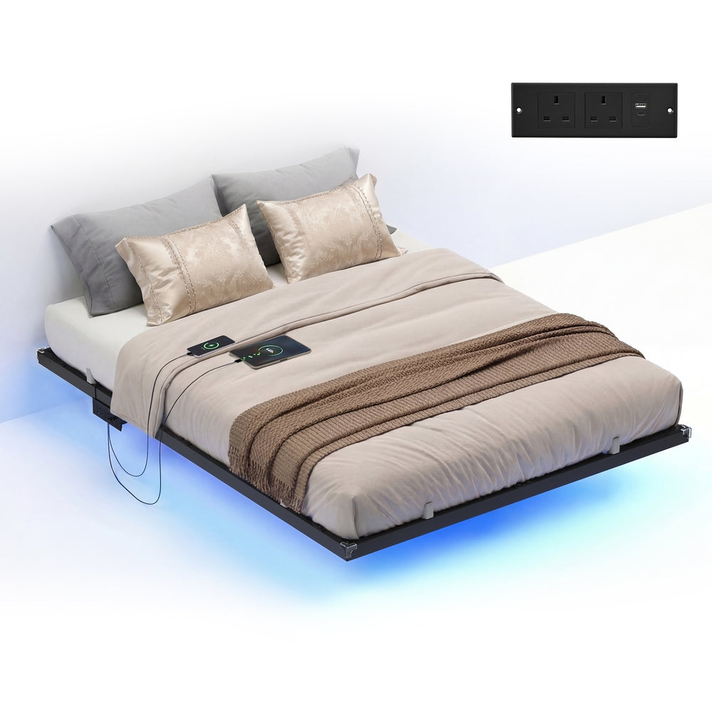 Double Floating Bed Frame LED Lights Charging Station - Foam and Polyester - Ink Black