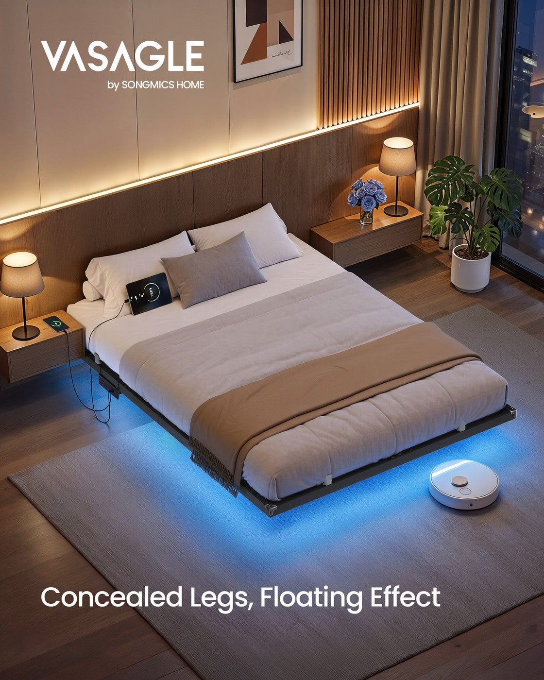 Double Floating Bed Frame LED Lights Charging Station - Foam and Polyester - Ink Black