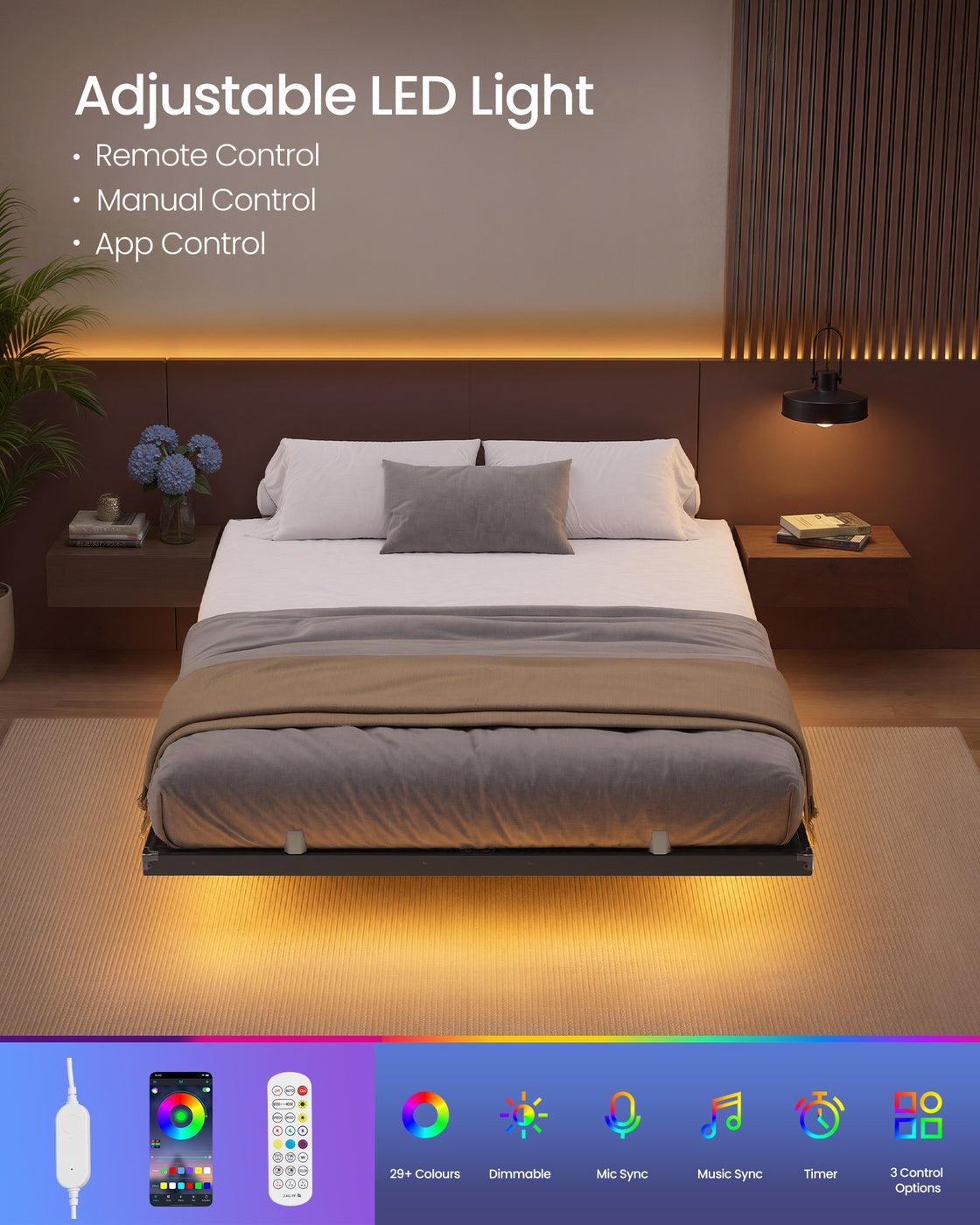 Double Floating Bed Frame LED Lights Charging Station - Foam and Polyester - Ink Black