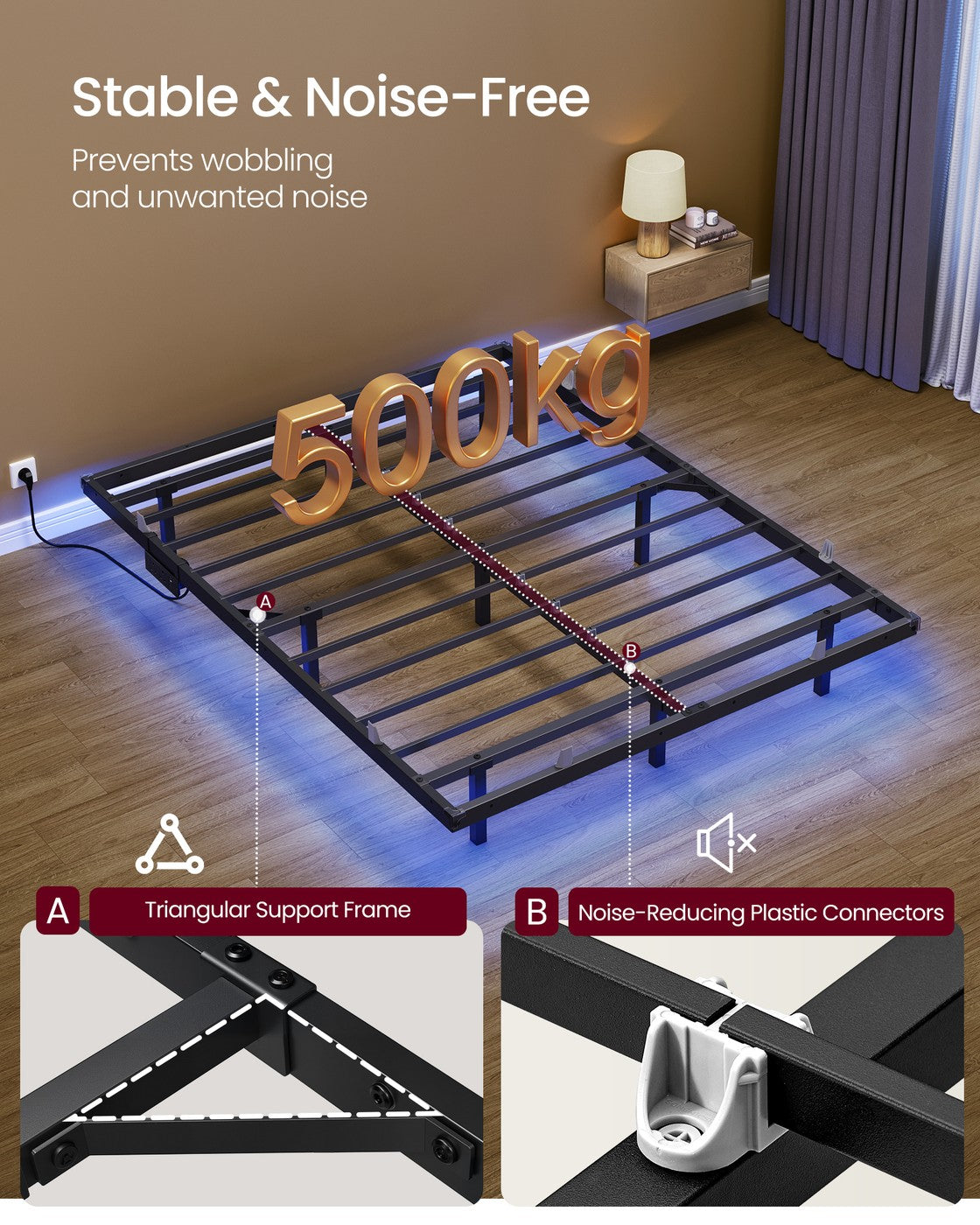 Double Floating Bed Frame LED Lights Charging Station - Foam and Polyester - Ink Black