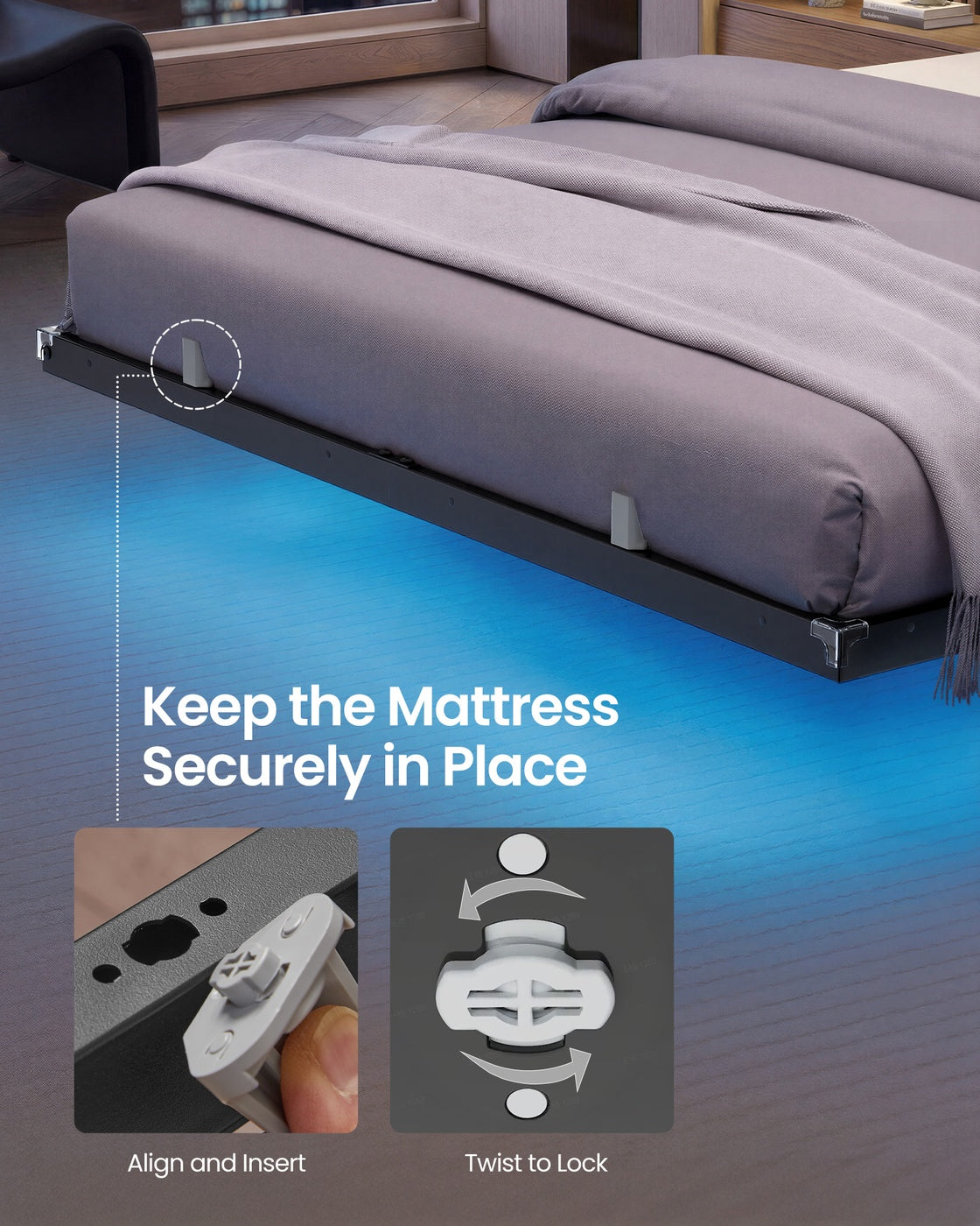 Double Floating Bed Frame LED Lights Charging Station - Foam and Polyester - Ink Black