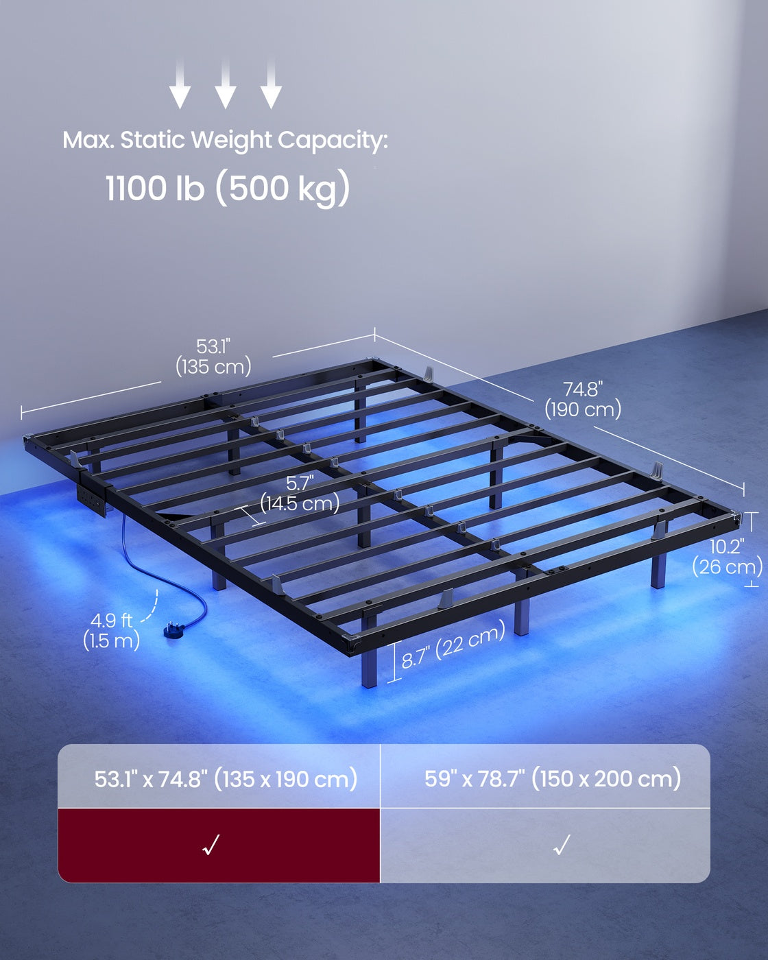 Double Floating Bed Frame LED Lights Charging Station - Foam and Polyester - Ink Black