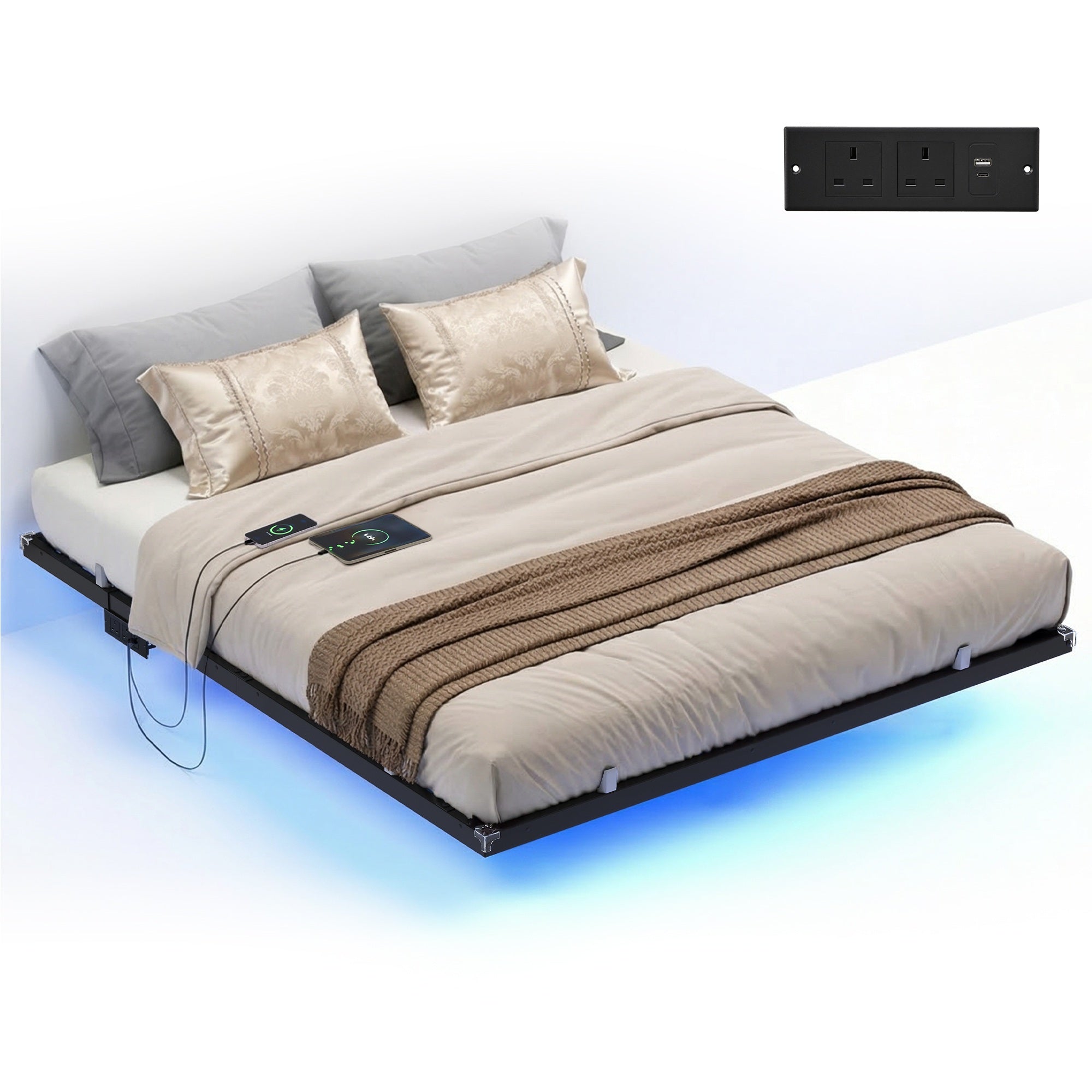 Bed Frame - Metal with LED and Charging Station - Matte Black - 200 x 150 x 26 cm