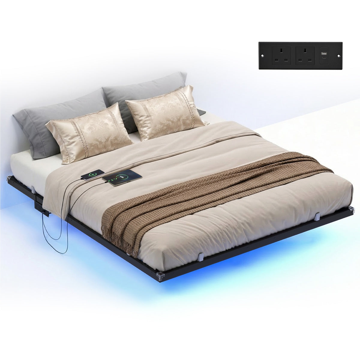 Bed Frame - Metal with LED and Charging Station - Matte Black - 200 x 150 x 26 cm