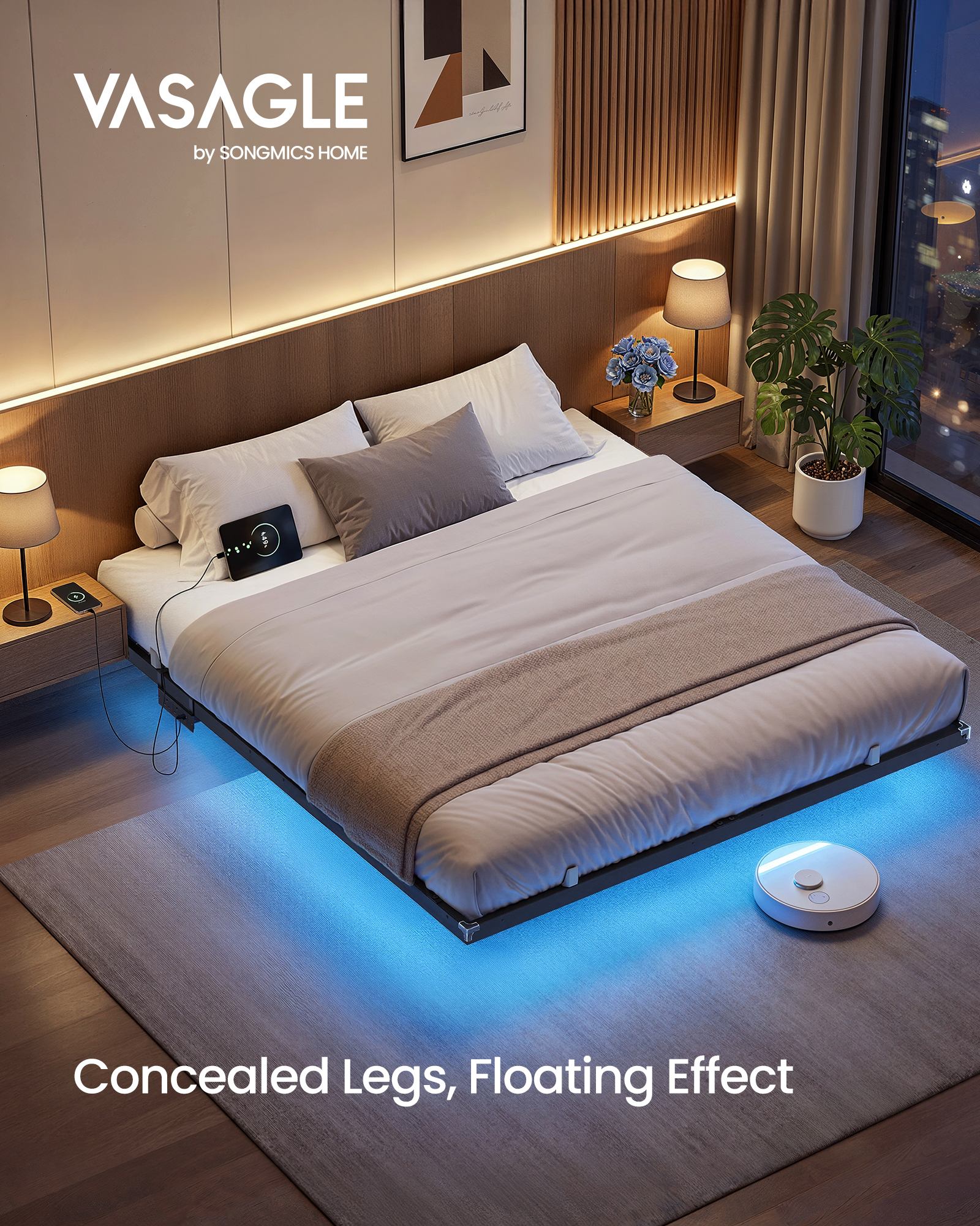 Bed Frame - Metal with LED and Charging Station - Matte Black - 200 x 150 x 26 cm