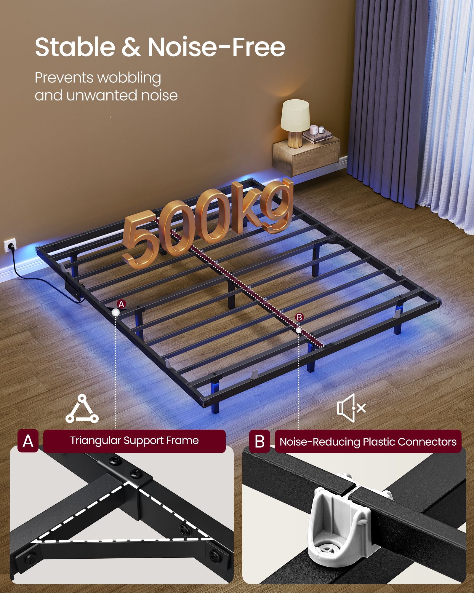 Bed Frame - Metal with LED and Charging Station - Matte Black - 200 x 150 x 26 cm