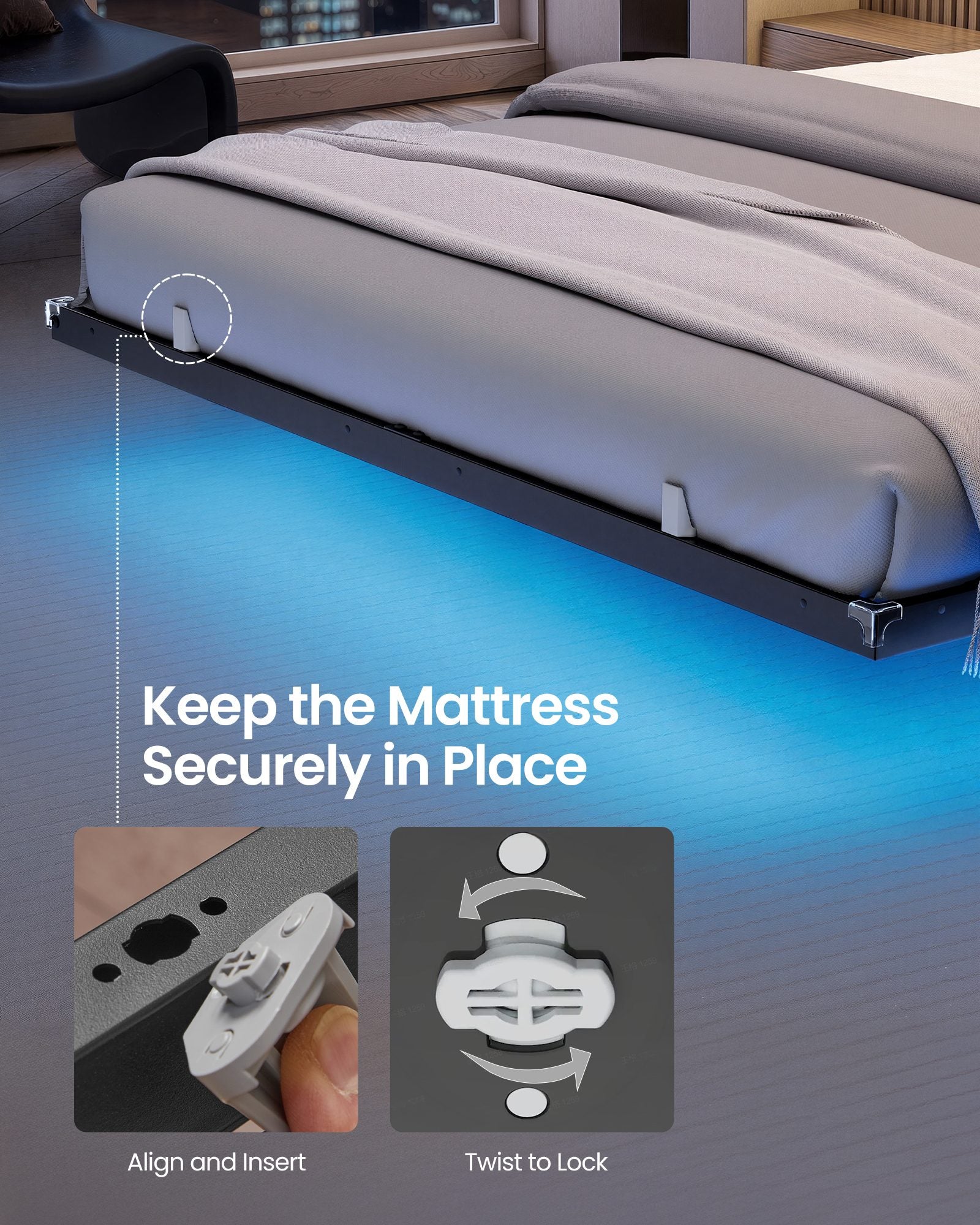 Bed Frame - Metal with LED and Charging Station - Matte Black - 200 x 150 x 26 cm