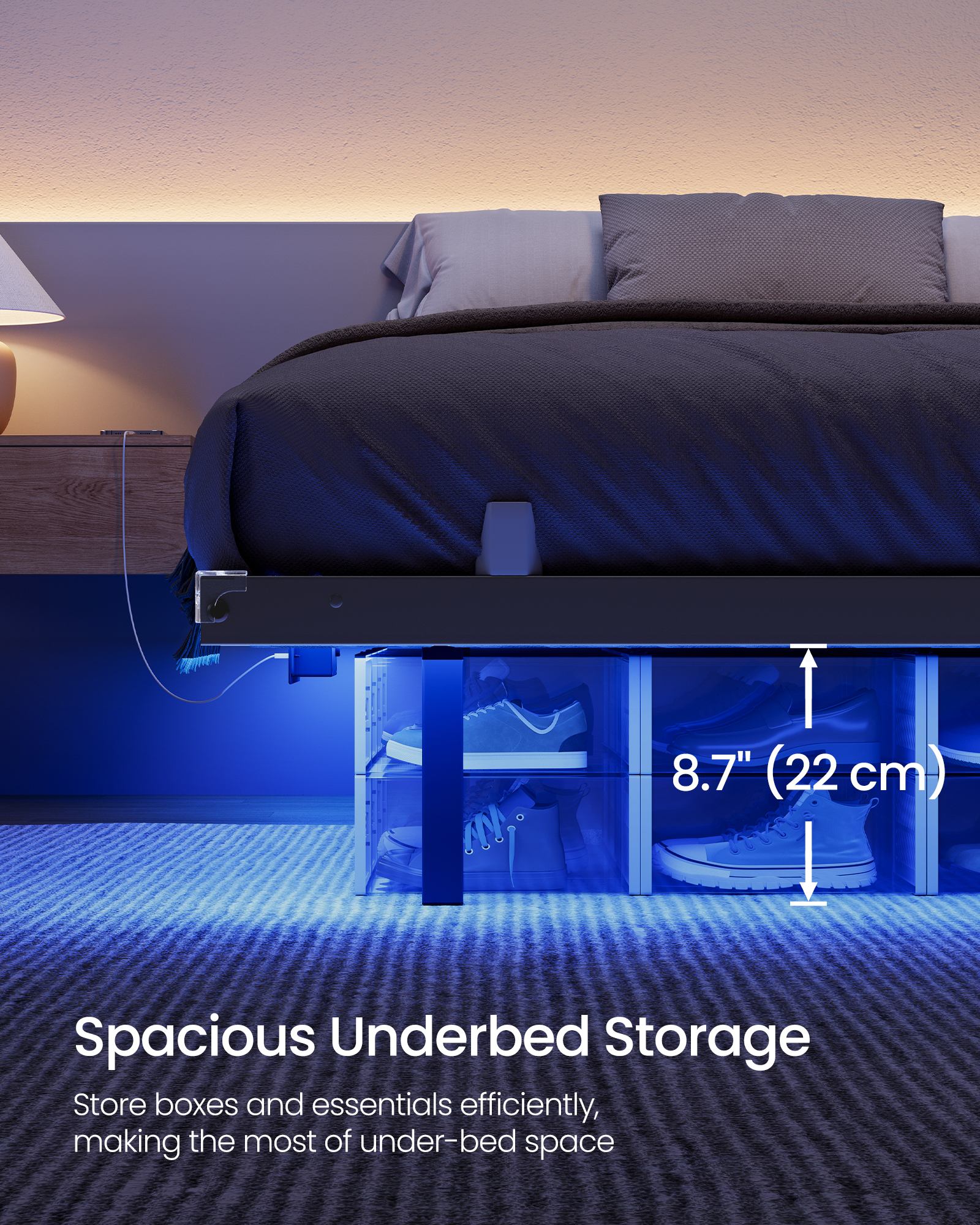 Bed Frame - Metal with LED and Charging Station - Matte Black - 200 x 150 x 26 cm