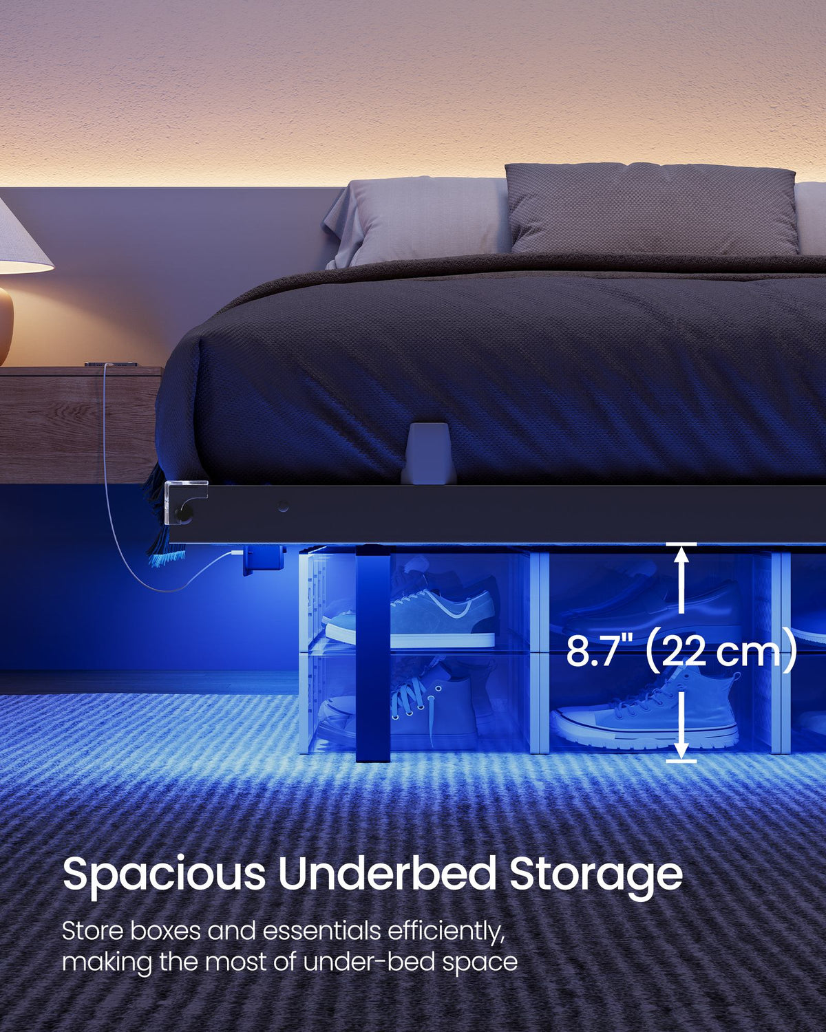 Bed Frame - Metal with LED and Charging Station - Matte Black - 200 x 150 x 26 cm