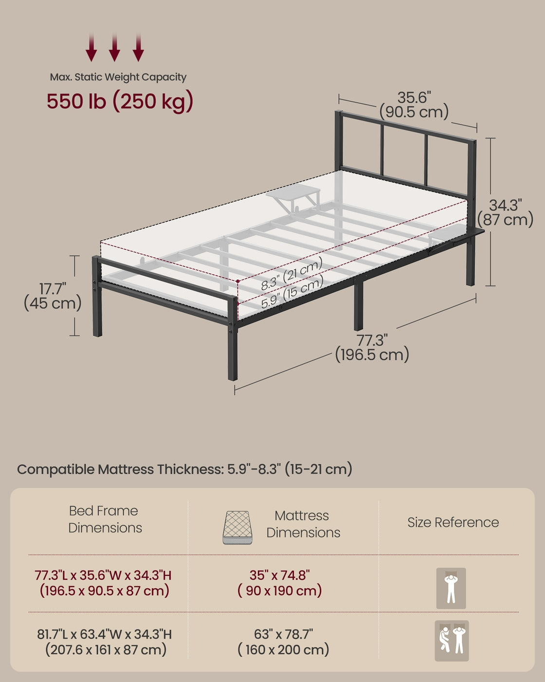 Single Metal Bed Frame - 90L Mattress - Steel - Headboard